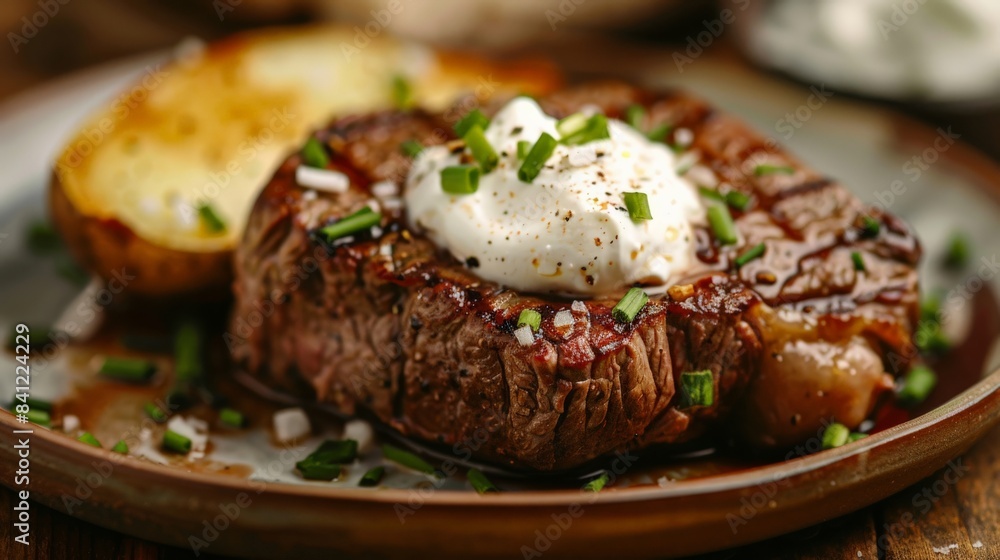 Steak with a side of baked potato topped with sour cream and chives Steak with a side of baked potato topped with sour cream and chives