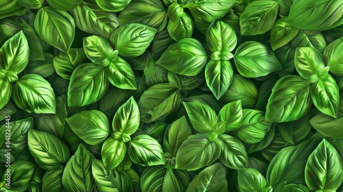 Bright green basil leaves background, perfect for culinary, botanical, and nature-themed projects. Fresh vibrant foliage full frame.