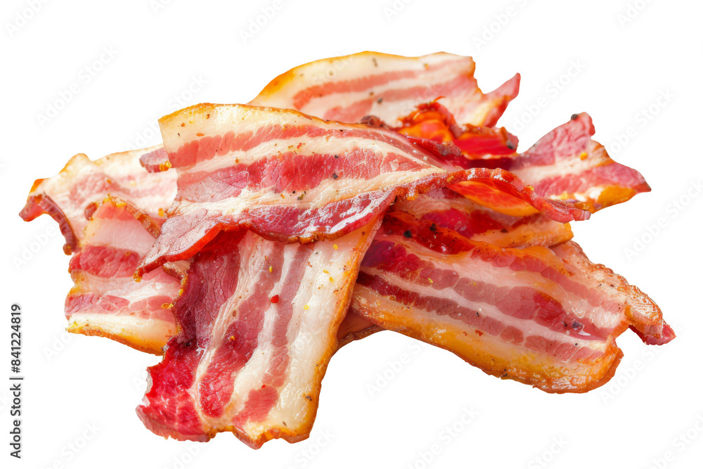 A pile of bacon strips on a white background A pile of bacon strips on a white background
