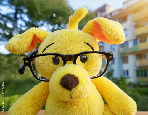 perro joven con gafas mirando a la camara