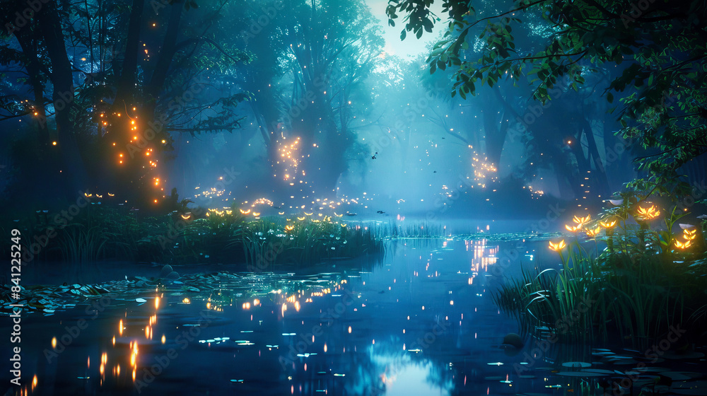 A magical fantasy forest with fireflies and glowing flowers A magical fantasy forest with fireflies and glowing flowers
