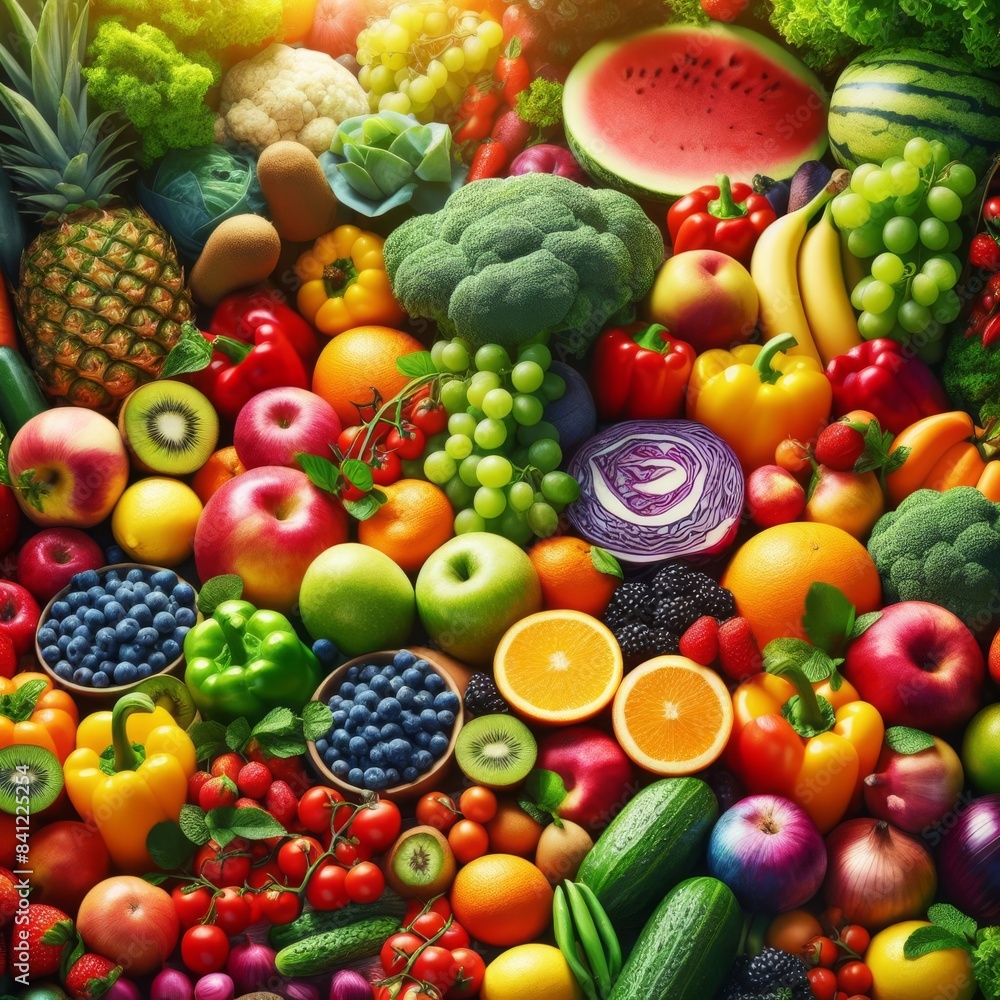 A vibrant assortment of fresh fruits and vegetables displayed together, showcasing a colorful mix including watermelon, pineapple, grapes, oranges, and more. Perfect for healthy lifestyle themes.. AI A vibrant assortment of fresh fruits and vegetables displayed together, showcasing a colorful mix including watermelon, pineapple, grapes, oranges, and more. Perfect for healthy lifestyle themes.. AI