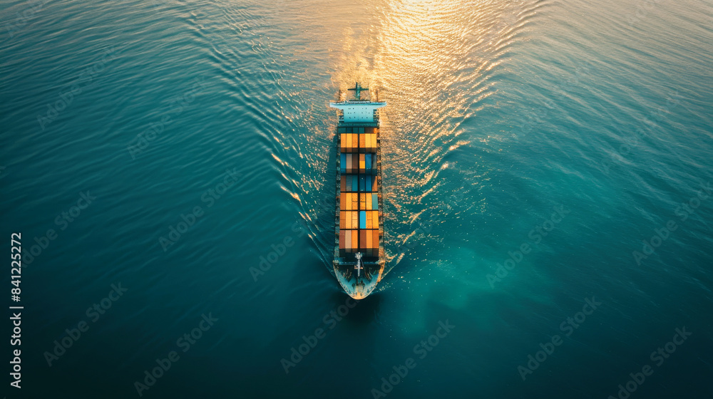 A large container ship with containers sailing in open ocean A large container ship with containers sailing in open ocean