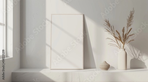 Minimalist interior scene with blank canvas, ceramic vase, and dried plants against a white wall, bathed in natural sunlight.