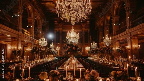 A long table setting in a grand ballroom with chandeliers and candlelight