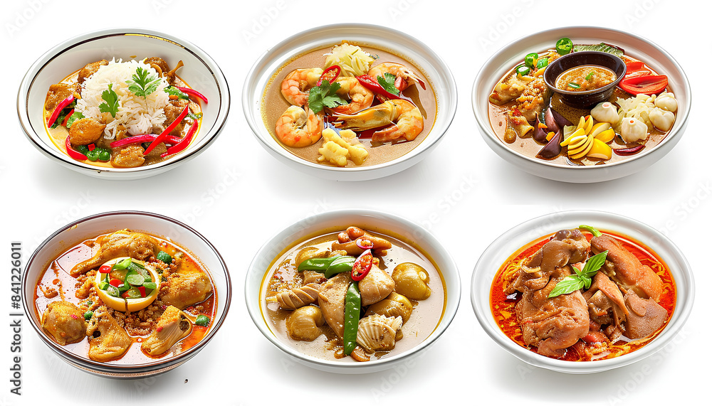 Collage of tasty chicken curry on white background Collage of tasty chicken curry on white background