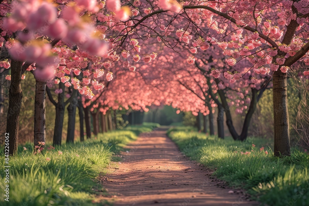 Naklejka premium Cherry blossom trees in full bloom, capturing the essence of spring.