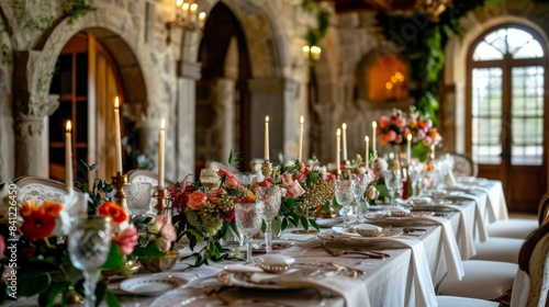 A long table setting with flowers and candles in a rustic stone building