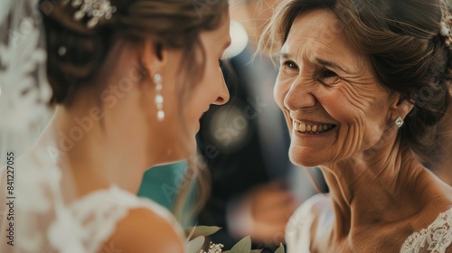 A bride and her mother share a loving moment during their wedding ceremony photo