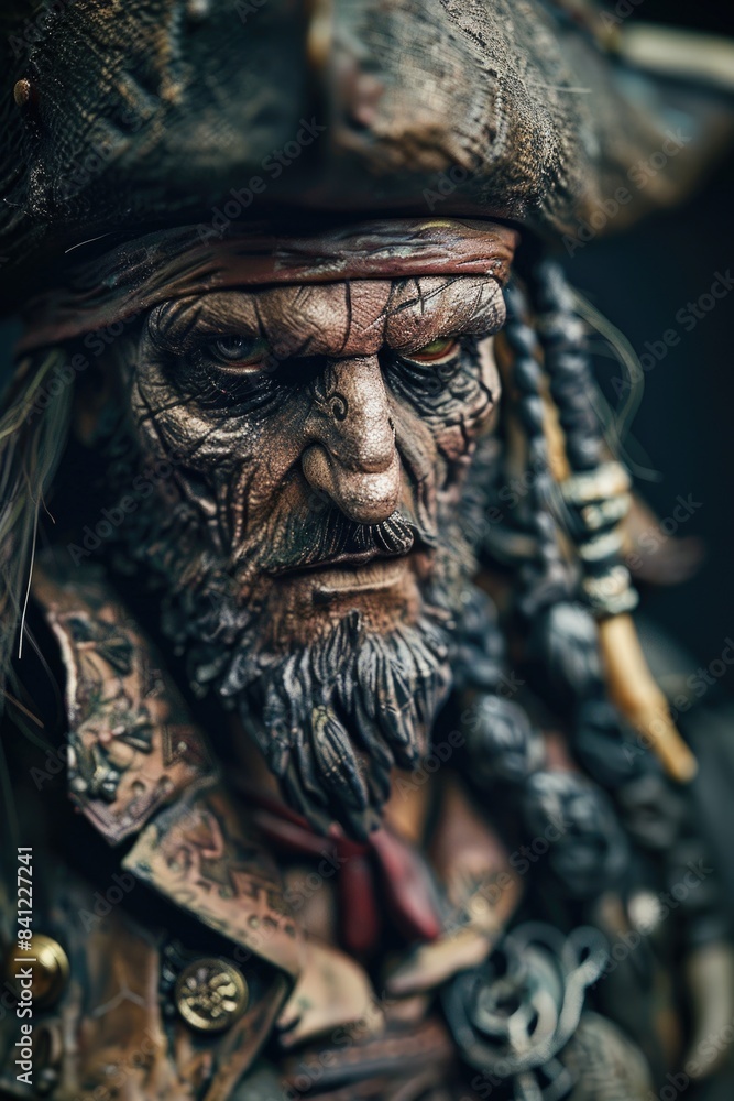 A detailed view of a pirate's face on a statue, suitable for use in illustrations about piracy, adventure, or historical themes A detailed view of a pirate's face on a statue, suitable for use in illustrations about piracy, adventure, or historical themes