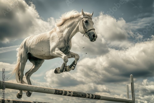 A majestic white horse in mid-jump  clearing an obstacle with ease