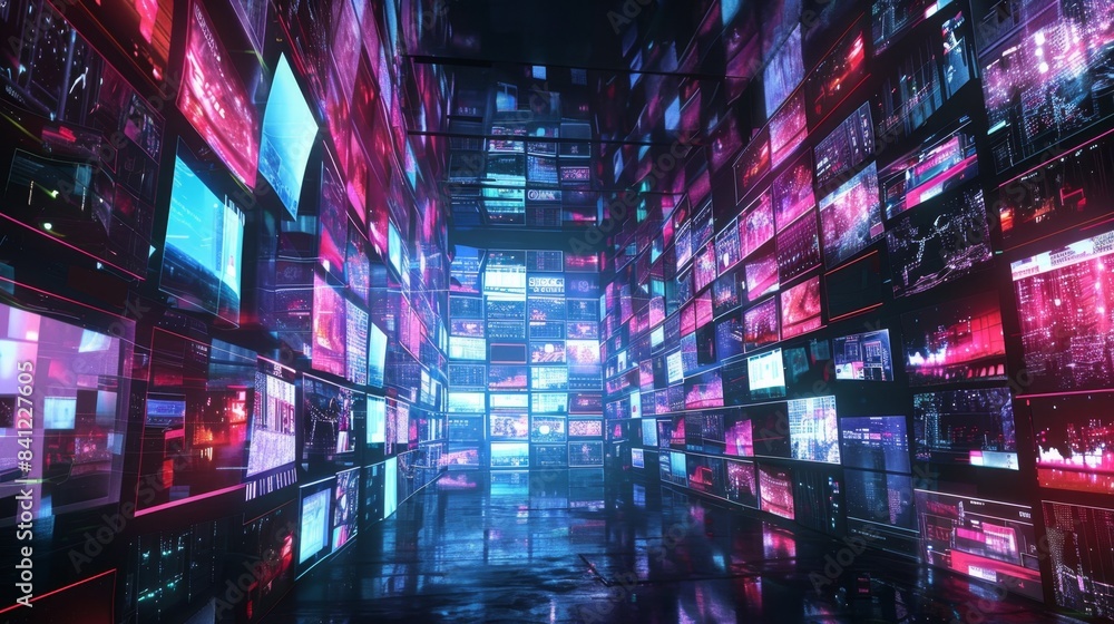 A Futuristic Data Center with Multiple Screens Displaying Information, Generative AI A Futuristic Data Center with Multiple Screens Displaying Information, Generative AI