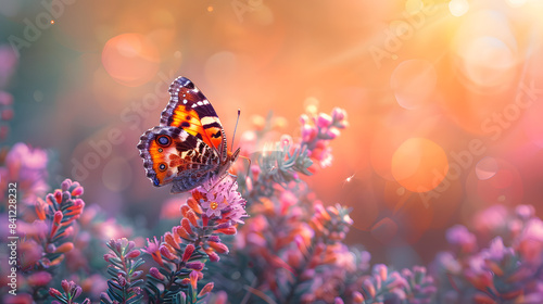 Violet heather flowers and butterfly in rays of summer sunlight in spring outdoors on nature macro, soft focus