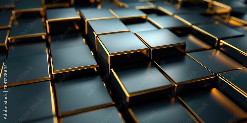 Obraz premium Abstract composition with golden-edged black cubes in a geometric pattern.