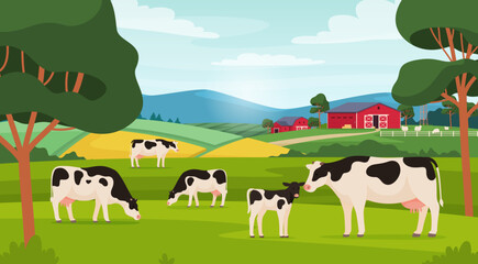 Fototapete Bauernhof Kühe auf der Weide Illustration  © Igor