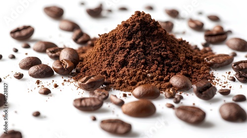 High-definition shot of a heap of ground coffee surrounded by scattered coffee beans on a white background.