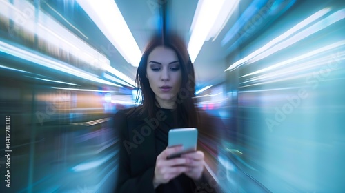 Business woman smartphone at office with motion blur and communication fast pace and busy with technology and wifi Chat email and social media female and speed with movement and mobile : Generative AI photo