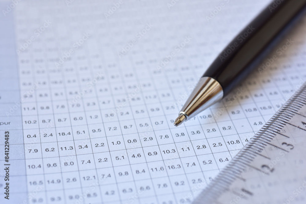 Luxury pen close up shot on spreadsheet table list, blurred background Luxury pen close up shot on spreadsheet table list, blurred background