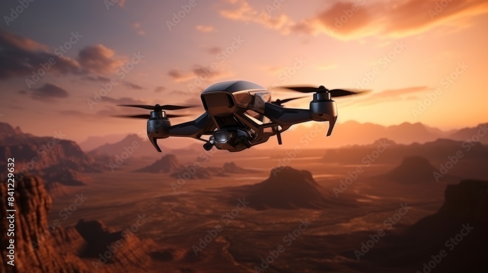 Military fpv drone hovering over a vast desert landscape with distant mountains Military fpv drone hovering over a vast desert landscape with distant mountains