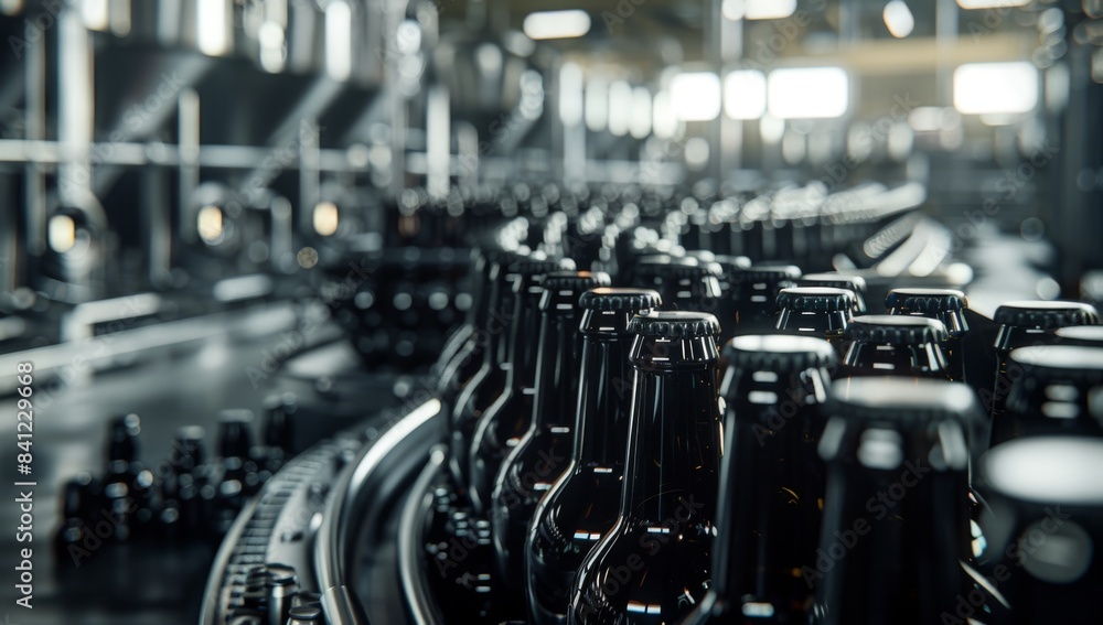 Naklejka premium photo of the beer production line with black glass bottles