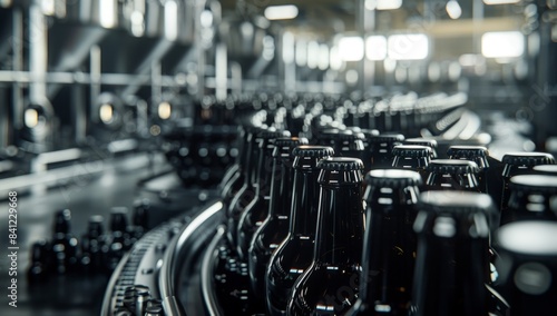 photo of the beer production line with black glass bottles