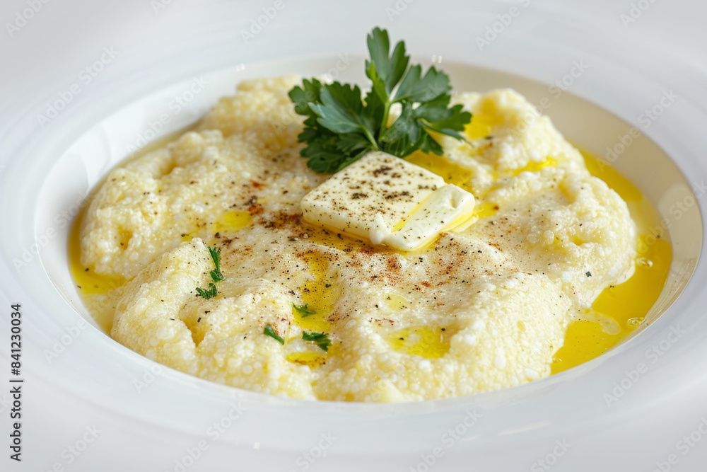 Traditional Southern Grits in White Bowl with Butter and Pepper Traditional Southern Grits in White Bowl with Butter and Pepper