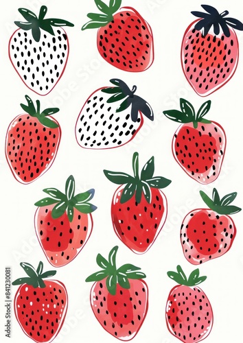 Pattern of fresh strawberries with black spots on white background for food and beauty concept