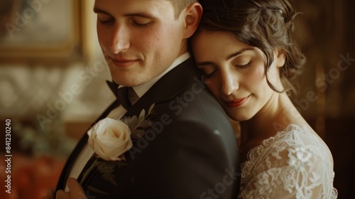 A newly married couple embraces during their wedding ceremony photo