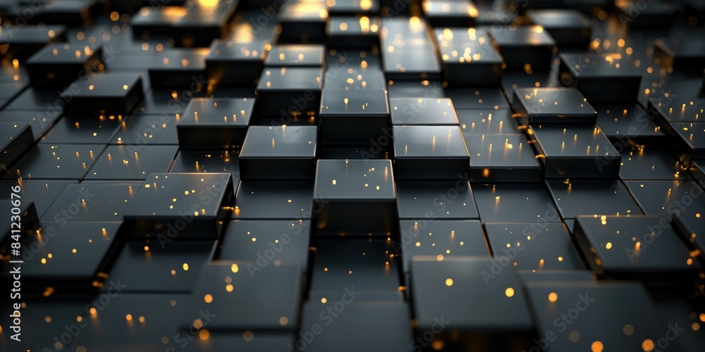 Fototapeta premium A 3D abstract image of a black metallic grid with glowing golden lights scattered around.
