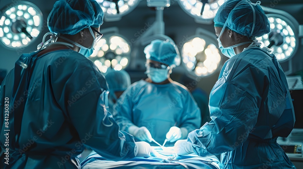 Surgical Team in Sterile Operating Room Performing Procedure with Precision and Urgency Surgical Team in Sterile Operating Room Performing Procedure with Precision and Urgency