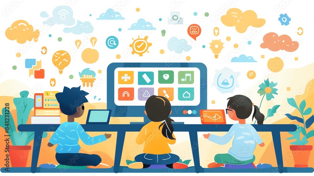 Three children collaborate on a computer project, surrounded by colorful icons representing ideas. Three children collaborate on a computer project, surrounded by colorful icons representing ideas.