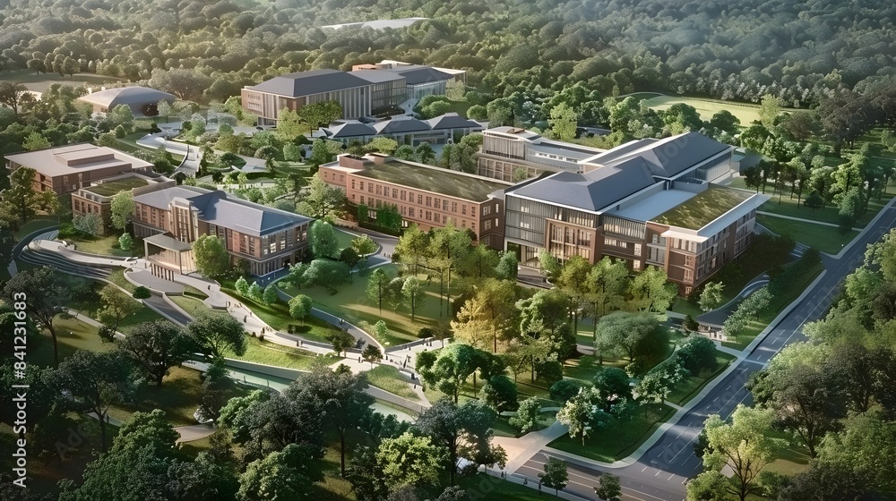 Fototapeta premium Vibrant Aerial Perspective of a Thriving Medical Campus with Lush Greenery and Engaged Students