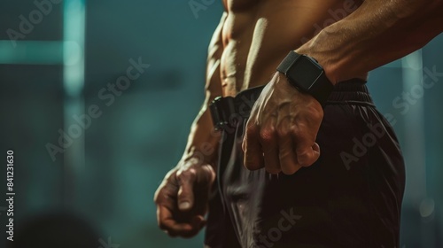 A close up of a mans arm with a smartwatch on his wrist, showing the detail of his veins and muscles. © Emiliia