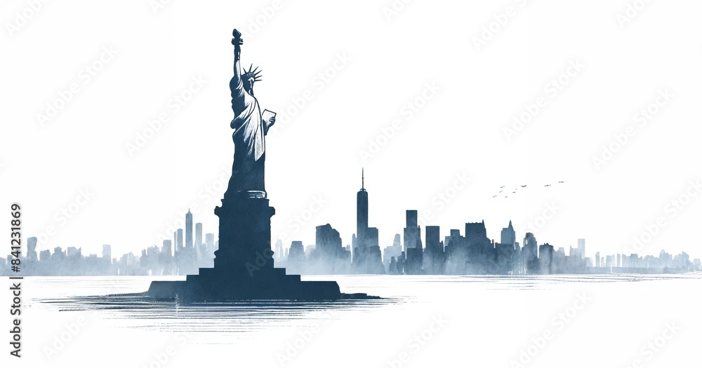 Obraz premium Minimalist Watercolor Illustration of New York City with Statue of Liberty