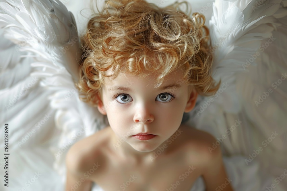 A young child with wing-like features lying on a bed, possibly in a dream or imaginative state A young child with wing-like features lying on a bed, possibly in a dream or imaginative state