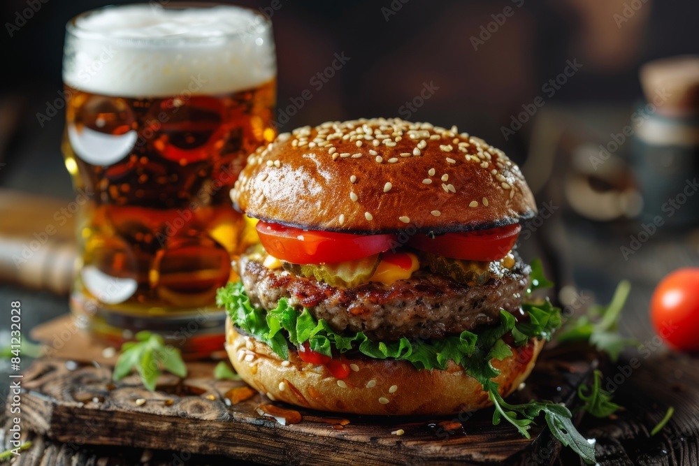 Hamburger and beer on table classic staple food pairing