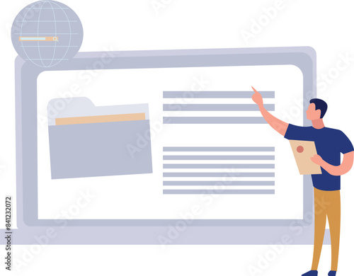 The boy is pointing at a text document on the screen. © Flaticons