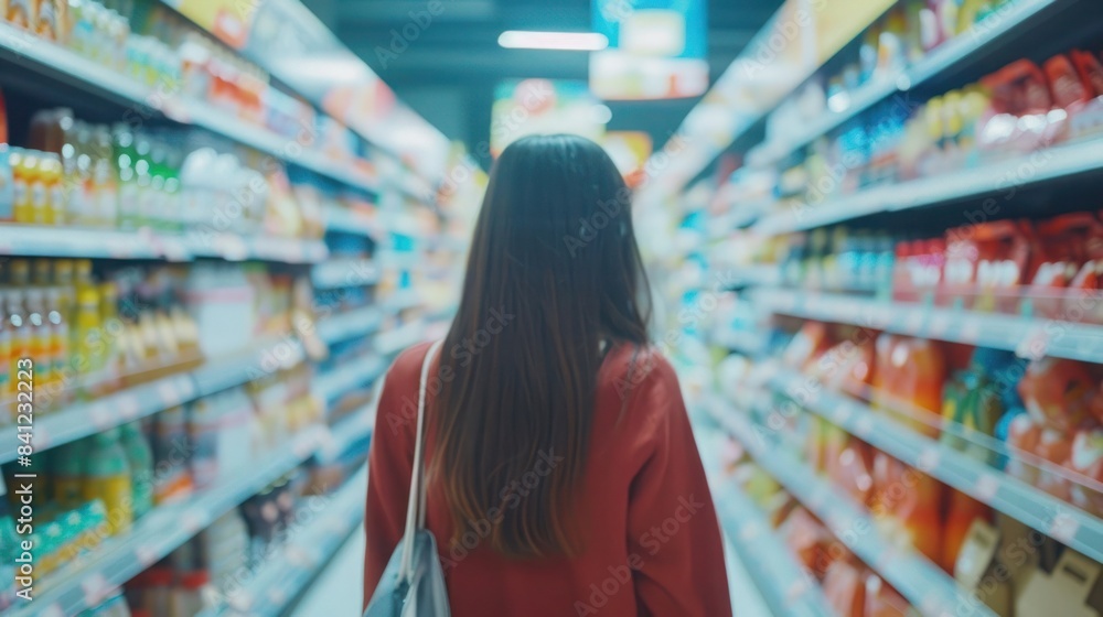 Woman shopping in a grocery store aisle, surrounded by various products, alone. Captures a typical moment of selecting items for purchase.