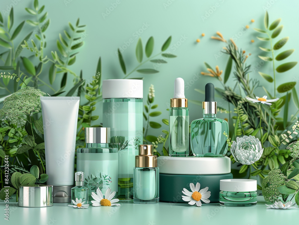 Mockup cosmetic product set. Green background and nature Mockup cosmetic product set. Green background and nature