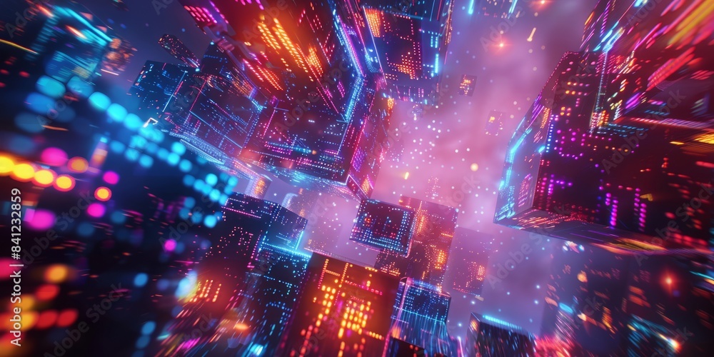abstract illustration of geometric shapes and structures in colorful neon colors and lights in cyberspace against dark background abstract illustration of geometric shapes and structures in colorful neon colors and lights in cyberspace against dark background