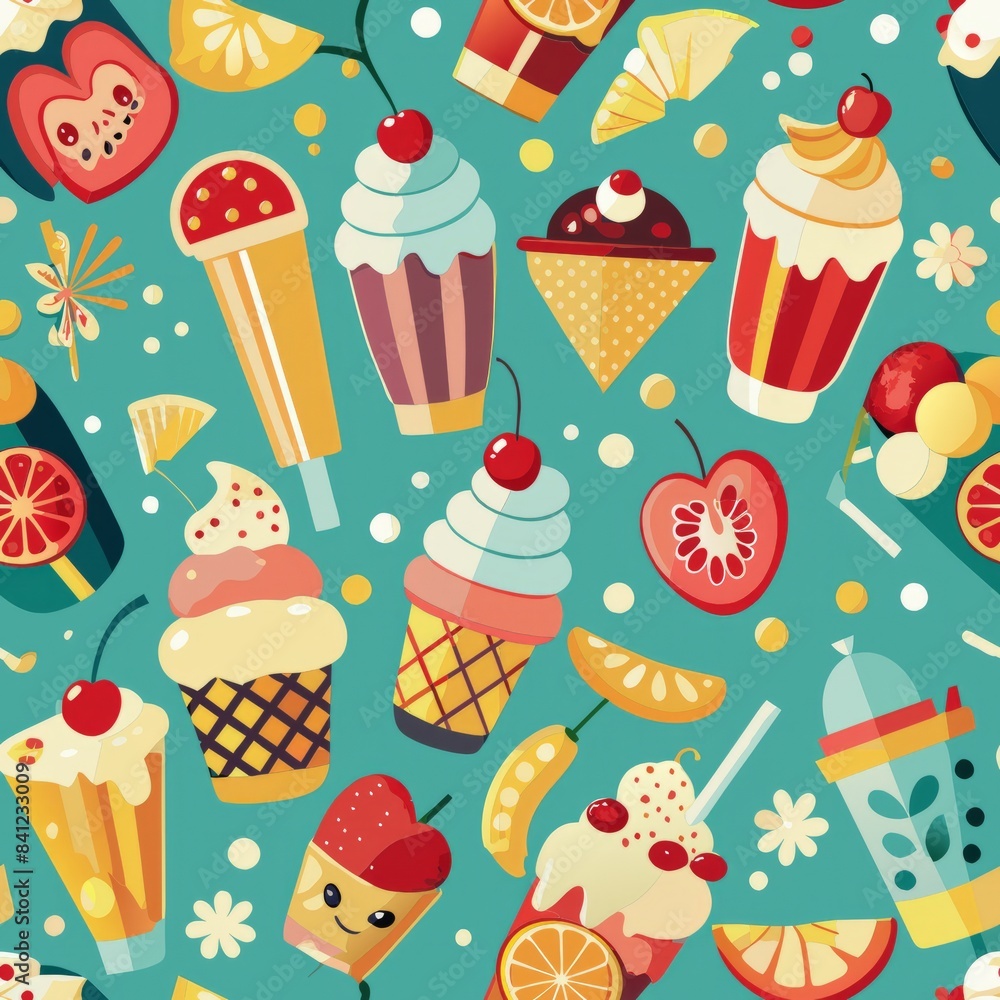 Seamless pattern of classic dessert icons like milkshakes, sundaes, and banana splits, for a nostalgic and fun vibe, Generative AI Seamless pattern of classic dessert icons like milkshakes, sundaes, and banana splits, for a nostalgic and fun vibe, Generative AI