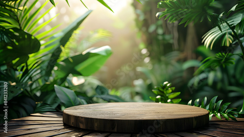 Wooden circle podium in tropical forest for product presentation and green background.3d rendering