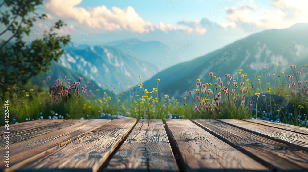 Fototapeta premium Wooden desk for product on nature landscape