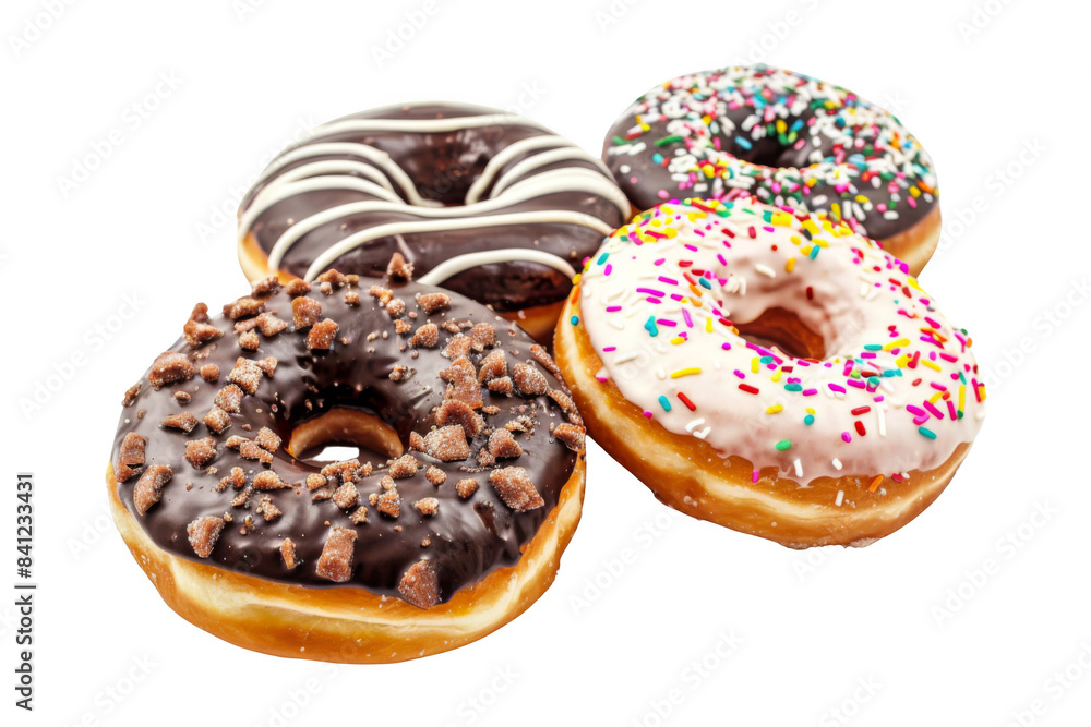 Four donuts with different toppings, including chocolate and sprinkles Four donuts with different toppings, including chocolate and sprinkles