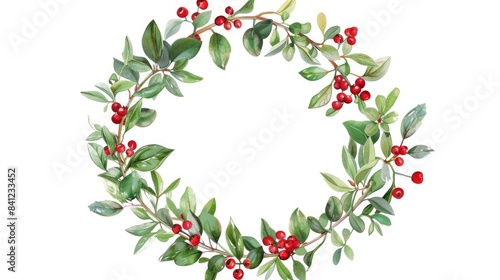 A wreath made of red berries and green leaves, ideal for decorative purposes or as a symbol of autumn or winter