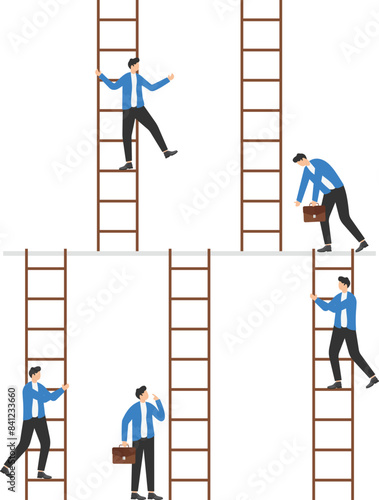Business people climb career ladders. Stages of business career development. Winners and losers, corporate competition. 

