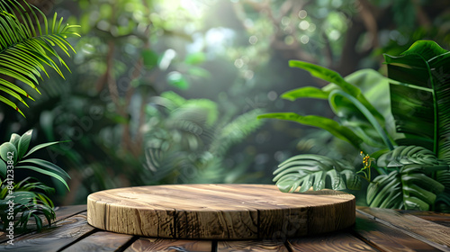 Wooden product display podium with blurred nature leaves background. 3D rendering