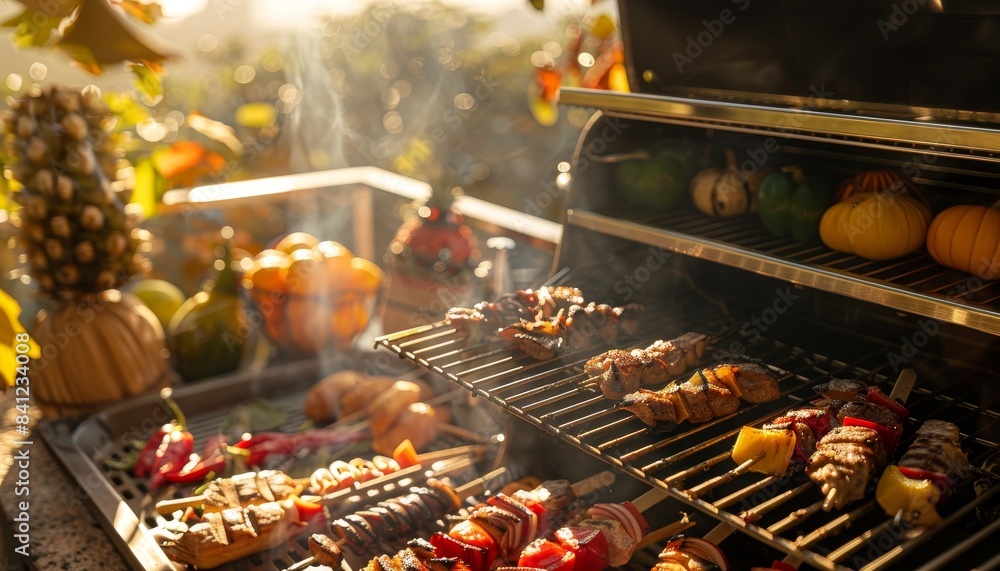 A close-up of a barbecue grill with traditional foods and decorations A close-up of a barbecue grill with traditional foods and decorations