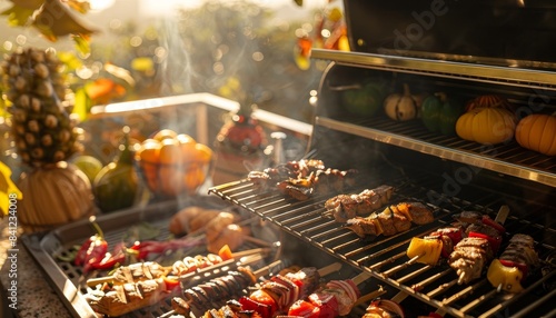 A close-up of a barbecue grill with traditional foods and decorations