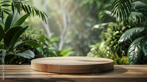 Wooden product display podium with blurred nature leaves on green background. 3D rendering